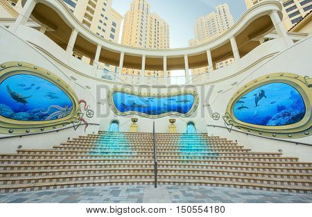 DUBAI, UAE - SEPTEMBER 06, 2016: View of Jumeirah Beach Residence (JBR). This popular area has now developed a further 300000 sq ft of shopping and beach area