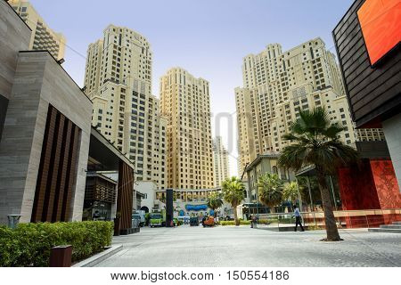 DUBAI, UAE - SEPTEMBER 06, 2016: View of Jumeirah Beach Residence (JBR). This popular area has now developed a further 300000 sq ft of shopping and beach area