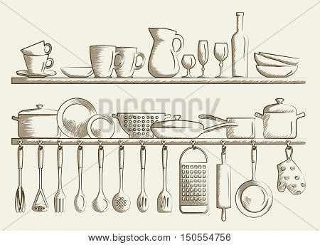 Retro kitchen shelves and cooking utensils. Hand drawn cartoon doodle vector illustration.