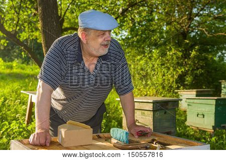 Outdoor portrait of elderly bee-keeper on an apiary