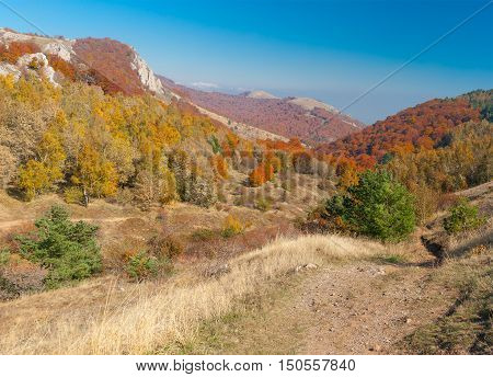 Autumnal landscape with hiking track in mountain pasture Demerdzhi Crimean peninsula