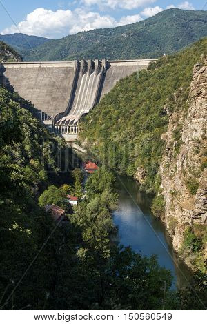 Landscape with Dam of the Vacha (Antonivanovtsy) Reservoir, Rhodopes Mountain, Bulgaria