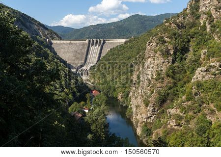 Amazing view Dam of the Vacha (Antonivanovtsy) Reservoir, Rhodopes Mountain, Bulgaria