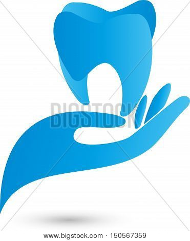 Hand and tooth in blue, dentist logo, vector
