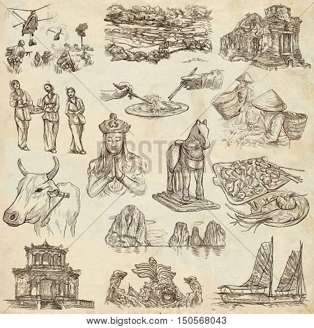 Travel series VIETNAM Socialist Republic of Vietnam.Pictures of Life.Collection of an hand drawn illustrations.Pack of full sized hand drawn illustrationsset of freehand sketches.Drawing on old paper