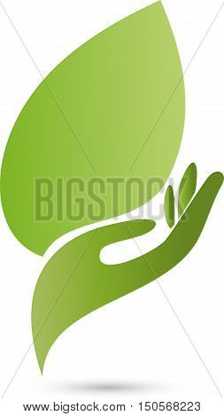 Hand and leaf in green, medical practitioner logo