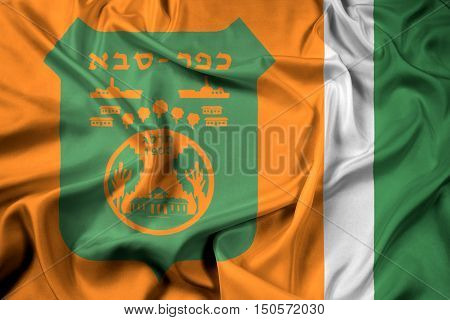 Waving Flag of Kfar Sava Israel, with beautiful satin background. 3D illustration