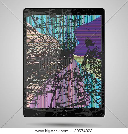 tablet computer with broken glass screen isolated on gray background.