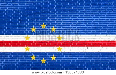 Cape Verdean national official flag. African patriotic symbol banner element background. Accurate dimensions. Correct size colors. Flag of Cape Verde on brick wall texture background, 3d illustration
