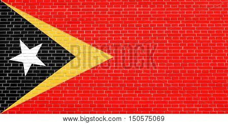 East Timorese national official flag. Patriotic symbol banner element background. Accurate dimensions. Correct size colors. Flag of East Timor on brick wall texture background, 3d illustration