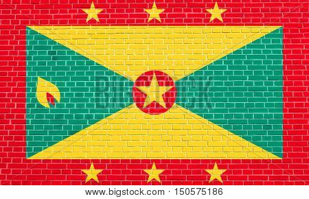 Grenadian national official flag. Patriotic symbol banner element background. Accurate dimensions. Correct size colors. Flag of Grenada on brick wall texture background, 3d illustration