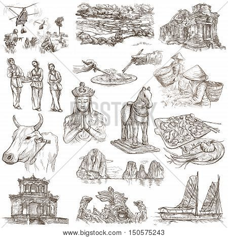 Travel series VIETNAM Socialist Republic of Vietnam.Pictures of Life.Collection of an hand drawn illustrations.Pack of full sized hand drawn illustrationsset of freehand sketches.Drawing on white.