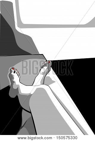 Vector illustration. Black and white image of beautiful female legs with red pedicure