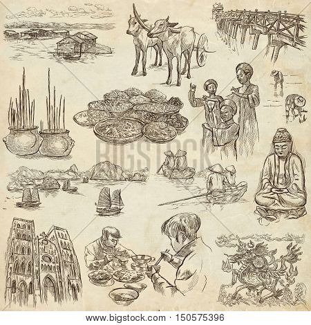 Travel series VIETNAM Socialist Republic of Vietnam.Pictures of Life.Collection of an hand drawn illustrations.Pack of full sized hand drawn illustrations set of freehand sketches.Drawing on old paper