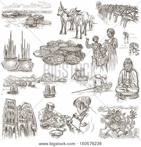 Travel series VIETNAM Socialist Republic of Vietnam.Pictures of Life.Collection of an hand drawn illustrations.Pack of full sized hand drawn illustrations set of freehand sketches.Drawing on white.