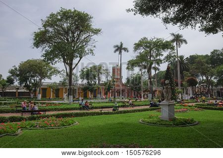 Lima, Peru- January 1, 2014: View of the Barranco town municipal library and Parque de Barranco.