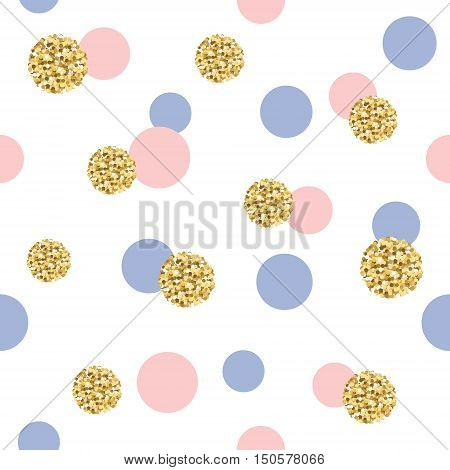 Glitter confetti polka dot seamless pattern background pattern. Golden pink and blue trendy colors. For birthday and scrapbook design.