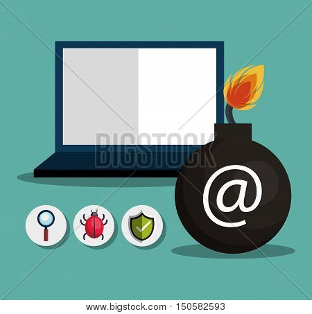 laptop computer and informatic alert security system icon set. colorful design. vector illustration