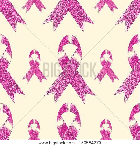 Breast Cancer Awareness patterns. Hand drawn pink ribbons on yellow background.
