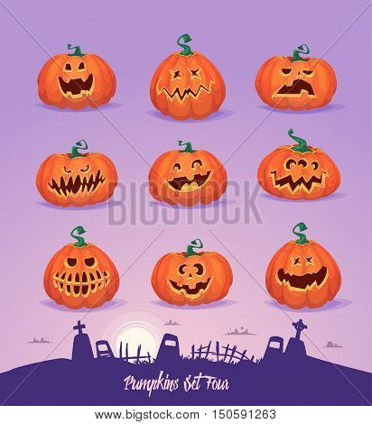 Halloween decoration Jack-o-Lantern set and cemetery background. Pumpkins designs with different facial expressions