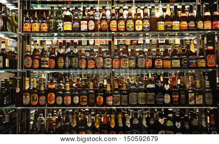 COPENHAGEN, DENMARK - JUNE, 20016 : The massive beer bottle collection at Carlsberg Brewery is a unique tourist attraction.