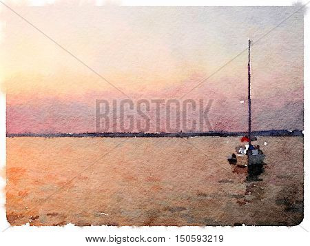 A digital watercolor painting of a sailing boat at anchor with sunset coloured sky and space for text.