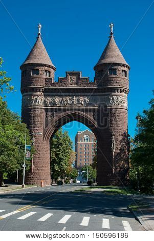 The Soldiers and Sailors Memorial Arch is a notable memorial to the American Civil War located in Hartford Connecticut. It was the first permanent triumphal arch in America and honors the 4000 Hartford citizens who served in the war and the 400 who died.