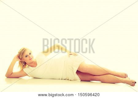 Subtlety and delicacy of women. Young fabulous stunning charming woman in white clothes. Casual beauty blonde lady.