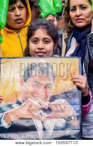 Banos De Agua Santa Ecuador - 23 June 2016: Women Men And Children Gathered In The Center Of Banos De Agua Santa For The Ecuadorian President Rafael Correa Ecuador South America
