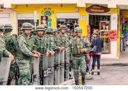 Banos De Agua Santa Ecuador - 23 June 2016: Force Ground Welcoming To The President Of The Ecuador Rafael Correa In Banos De Agua Santa Ecuador South America