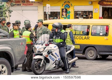 Banos De Agua Santa Ecuador - 23 June 2016: Police Of Ecuador Organize The Welcoming For The President Rafael Correa Delgado In Banos De Agua Santa Ecuador South America