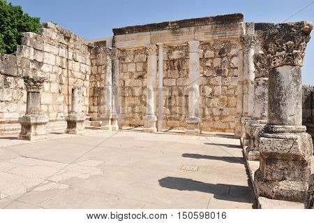 The ancient synagogue in Capernaum on June 19 2009 in Kfar Nahum near Tiberias Israel.It's among the oldest synagogues in the world.