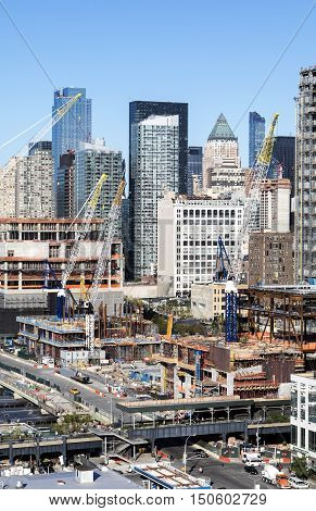 View of the big construction development at the Hudson Yards in Manhattan. This project is located on the West Side of the city and will feature residential new offices and retail spaces.