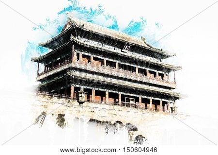 Beijing, China at the Zhengyangmen Gatehouse in Tiananmen Square. Beautiful historical building at sunset. Vintage painting, background illustration, beautiful picture, travel texture