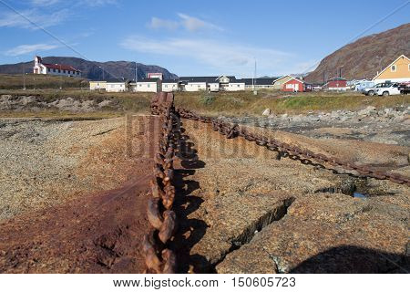 old chain rusty link from stone to sea. metal rusty texture.old and strong concept by retro colour