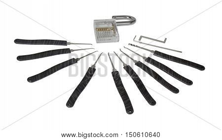 Learning Lock picking set tools used for picking a padlock - path included