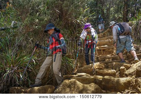 Ranau Sabah-March 12,2016:Climbers seen at Timpohon trail from Laban Rata of Mount Kinabalu.The best time to climb Mt Kinabalu is between March and August,which are the dry seasons of Sabah,Borneo.
