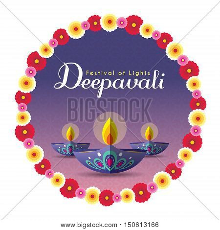 Diwali or Deepavali greeting with beautiful burning diwali diya (india oil lamp) and floral wreath isolated on white background. Festival of Lights celebration vector illustration.