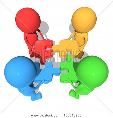 Merger concept. Four businessmen trying to connect red blue green and yellow puzzles. 3d render illustration isolated on white background.