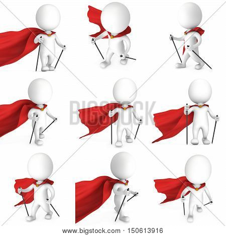 Nordic walking white superhero man with red cloak set. 3d render illustration of super hero isolated on white background. Concept of helthcare and fitness small people.