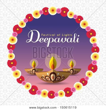 Diwali or Deepavali greeting with beautiful burning diwali diya (india oil lamp) and floral wreath. Festival of Lights celebration vector illustration.