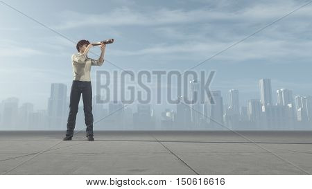The young man standing on a on road and looking through a telescope at city. This is a 3d render illustration