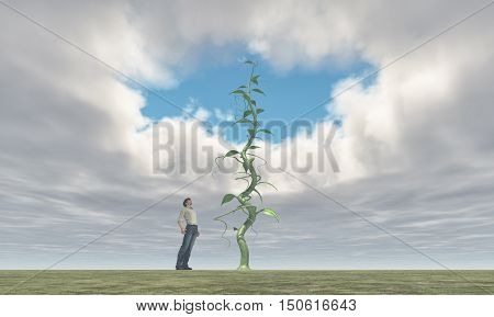 Successful farmer looking up to his big beanstalk growing up to the sky and creates a hole in the clouds. This is a 3d render illustration