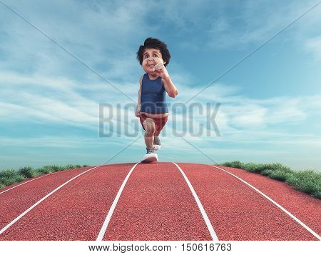 Plump man jogging on running track. This is a 3d render illustration