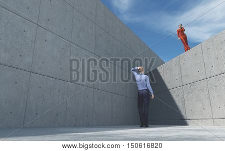 Young man looking to a girl posing up to the wall girl wearing red dress. This is a 3d render illustration