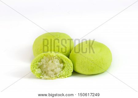 green coconut mochi isolated on white japanese desserts