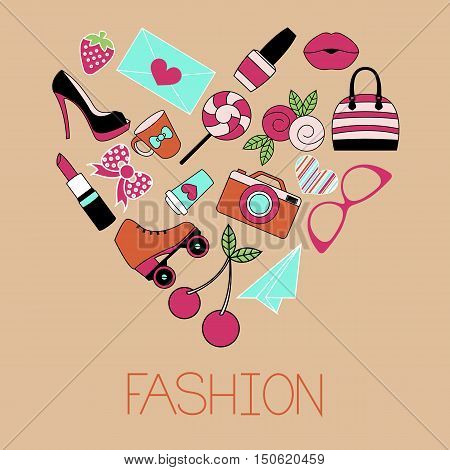 Vector illustration of heart shape fashion items