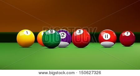 Assorted realistic billiards balls on the table. Vector illustration.
