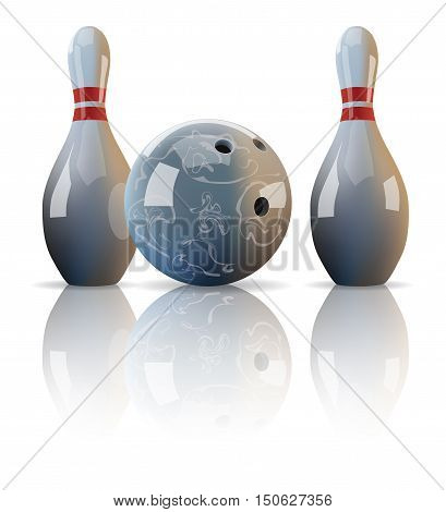 Vector realistic bowling ball and two pins with mirror reflection.