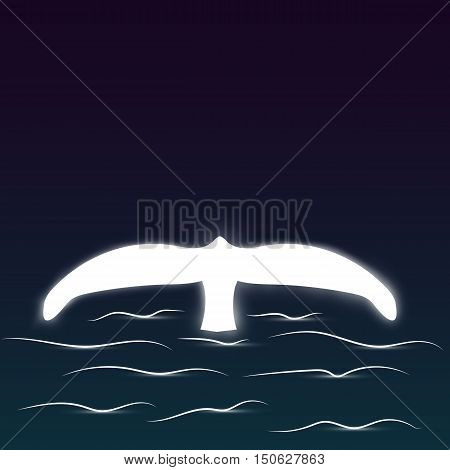 Whale tail in sea waves, bright night